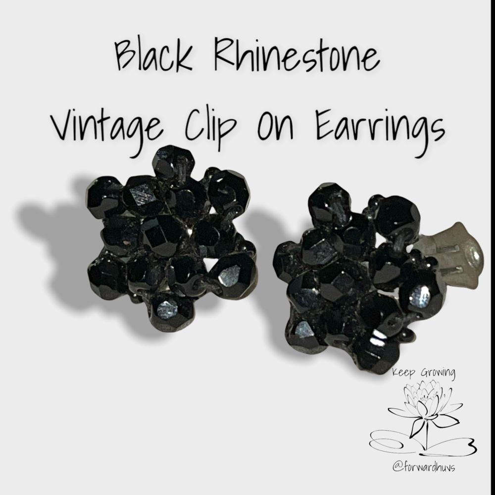 Vintage Black Rhinestone Earrings on Silver-Tone Metal